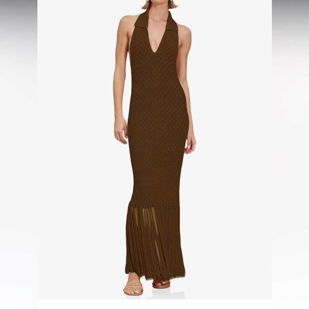 NWT brown Halter Crochet Cover Up Backless Collar Vacation Beach Maxi
 Dress